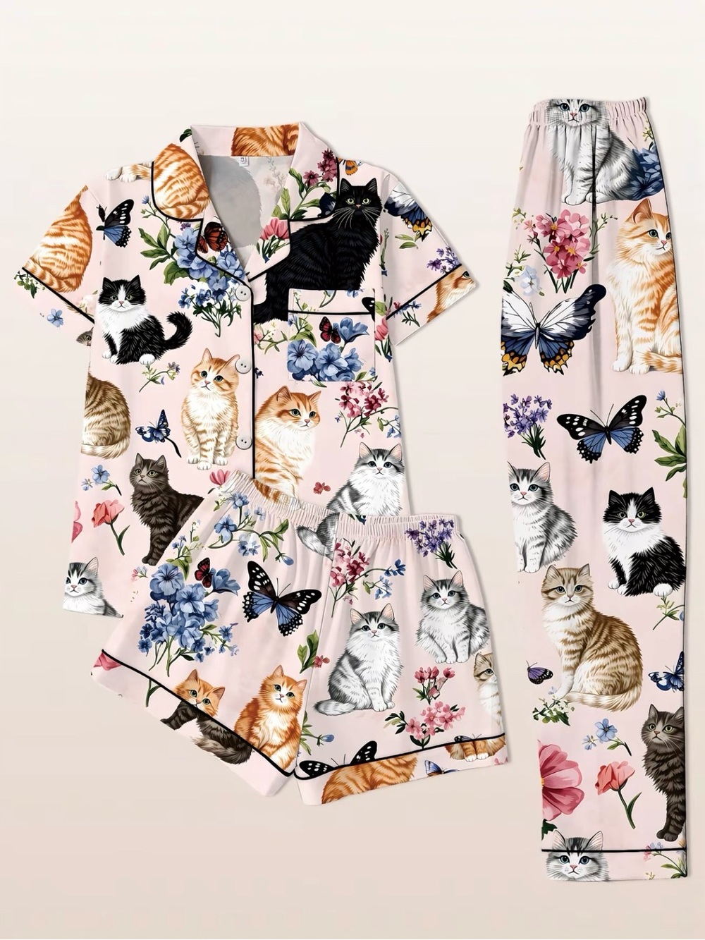 Women’s Pink Cat & Butterfly 3 Piece Pajama Set - Cute Floral Sleepwear New
